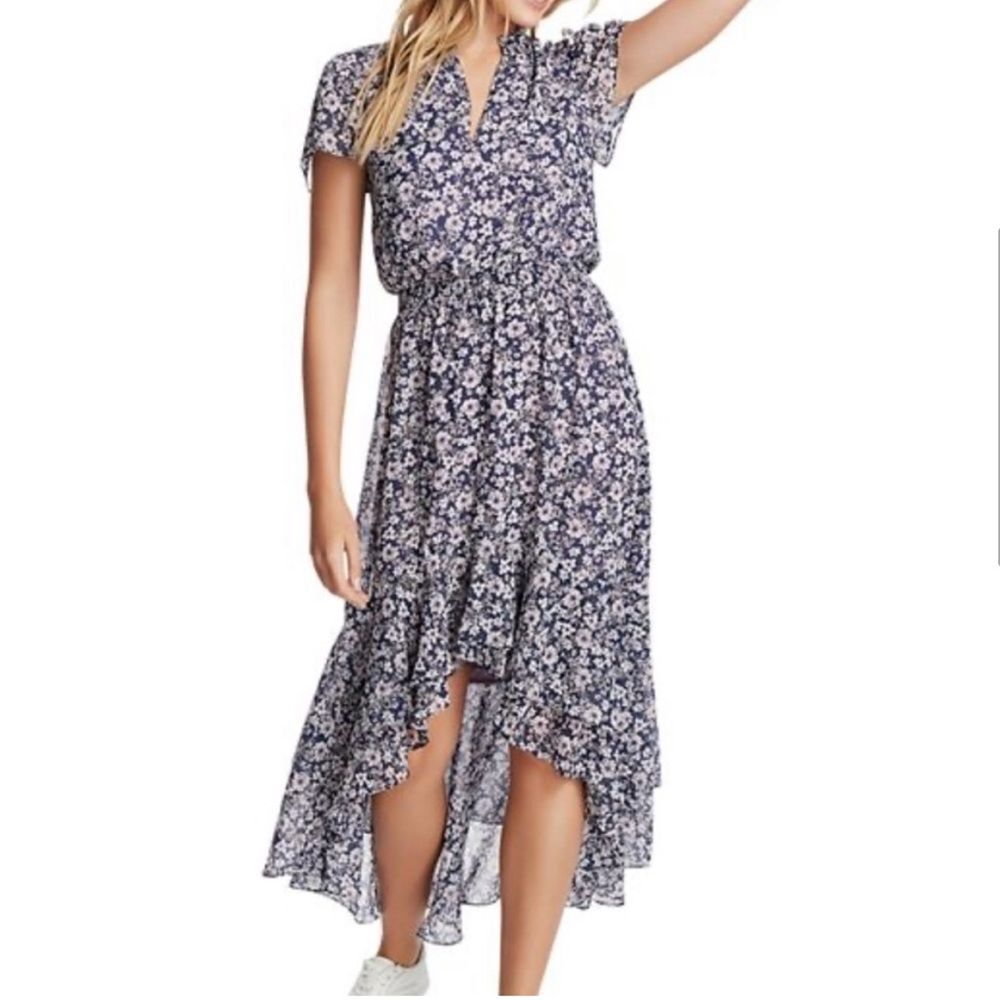 1.STATE Gingham Plaid Wildflower Blue High Low Flounce Dress Nordstrom Navy boho